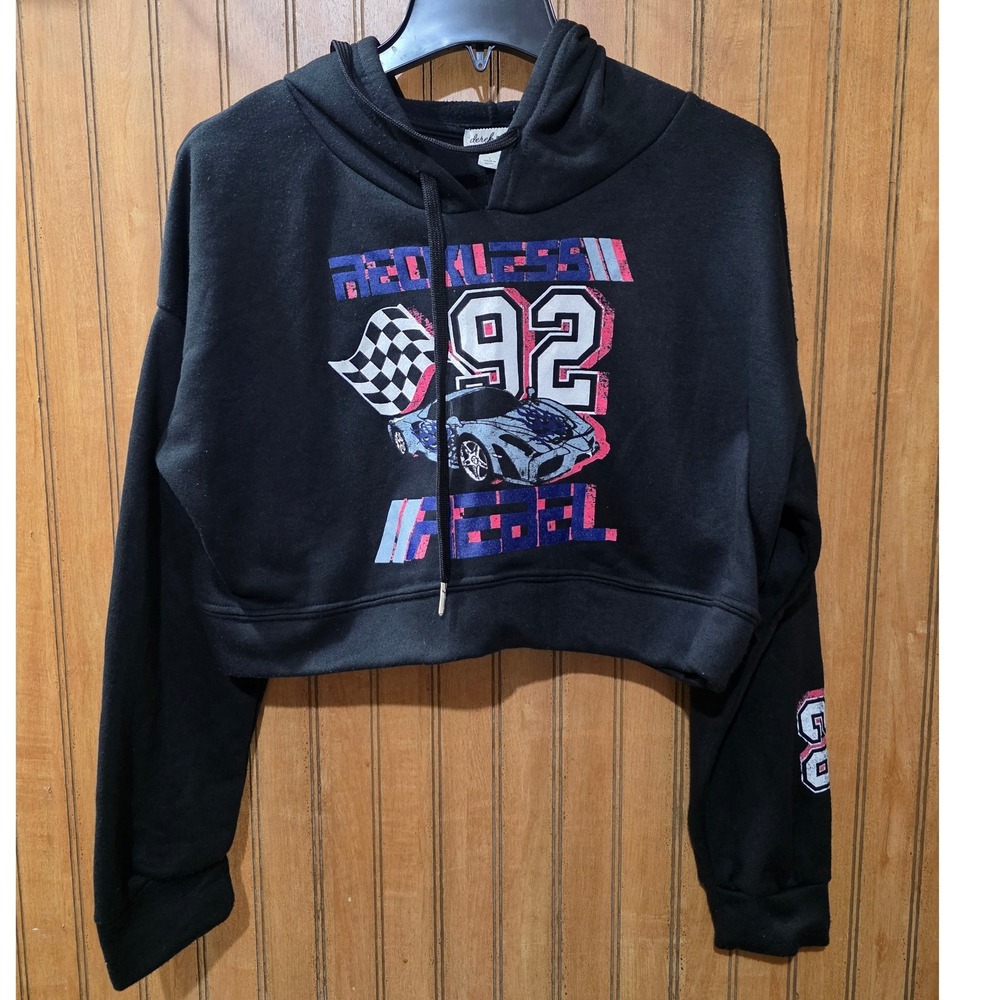 Derek Heart Cropped Hoodie Sz L Pullover Black Sweatshirt Reckless Rebel‎ 92